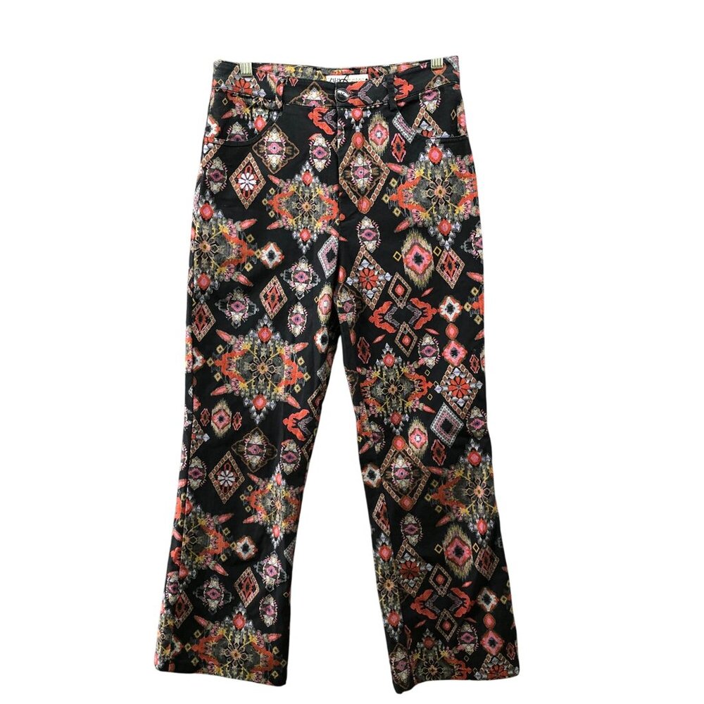 Zara High Rise‎ Boot Ankle Pants Womens S Tapestry Print Black Boho Multicolor